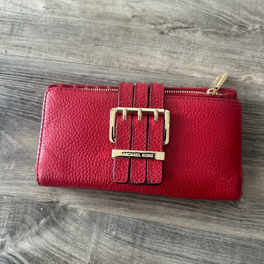 Michael Kors Red Leather Zip Wallet Gold Hardware Buckle Detail